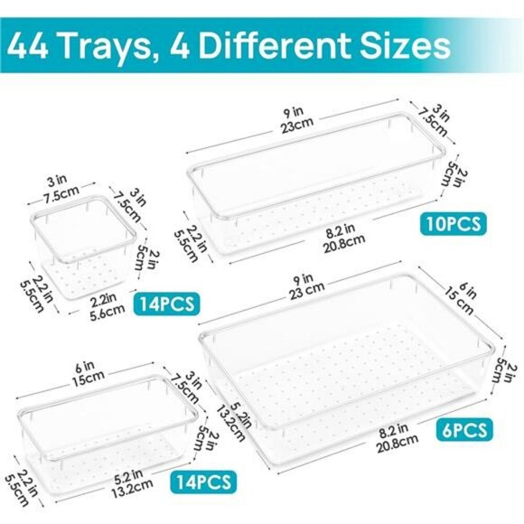 Clear Plastic Drawer Organizers Set 44pc Storage Bins Makeup Kitchen Office - Picture 2 of 7